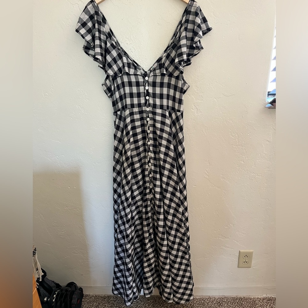 J. Crew Beachwear Button Front Ruffle Dress Black and White Gingham Sz med - Picture 4 of 16